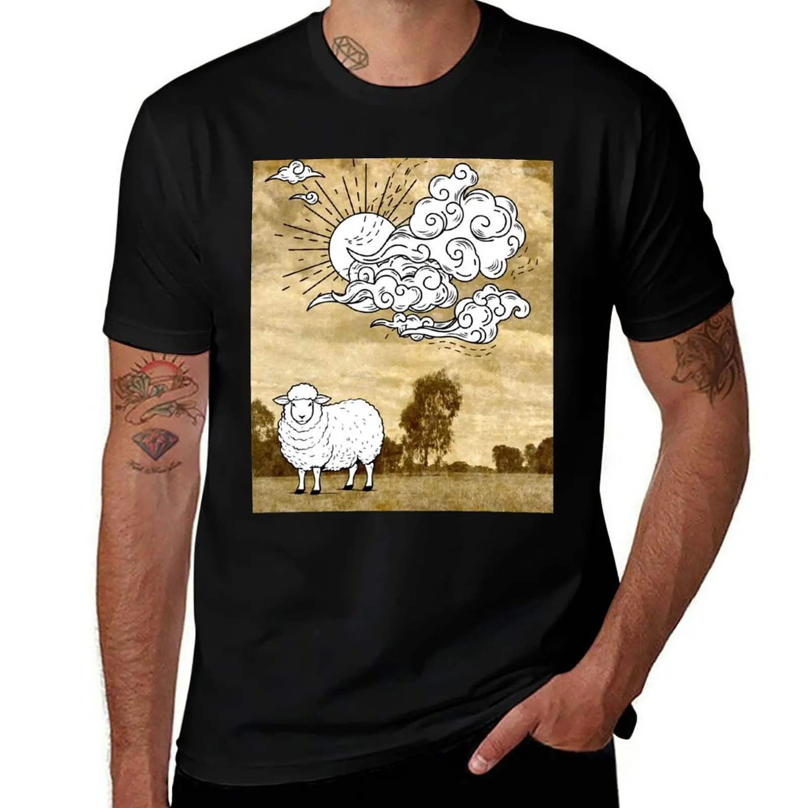 

Cartoon sheep on an old photo. T-Shirt summer shirt anime t shirts funny shirt cotton summer 2025 men t shirt