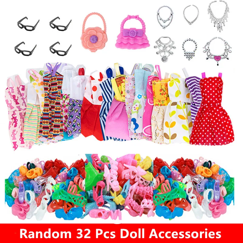 32 Item/Set Poppenaccessoires = 10 Mix Mode Schattige Jurk 4 Glazen 6 Kettingen 2 Handtas 10 Schoenen Kleding Voor Barbieee Pop