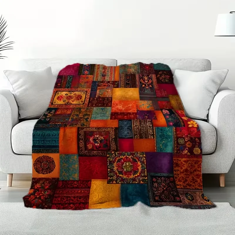 1 Stück Retro Blumenmuster Patchwork Flanelldecke - Weich Warm Tiefrot Perfekt für Sofa, Bettwäsche Camping Reisen Büro Heimdekoration