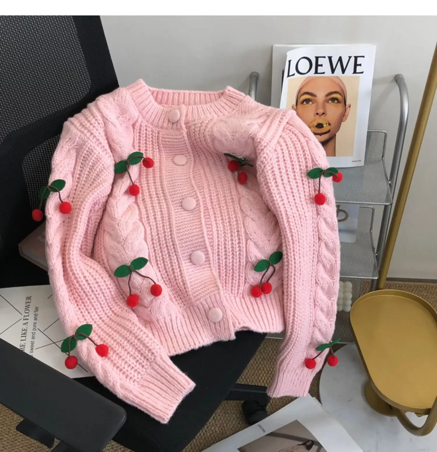 2025 Fashion Cherry Single Breasted Sweater Women O Neck Long Sleeve Knitted Top Preppy Sweet Girl Loose Cardigans