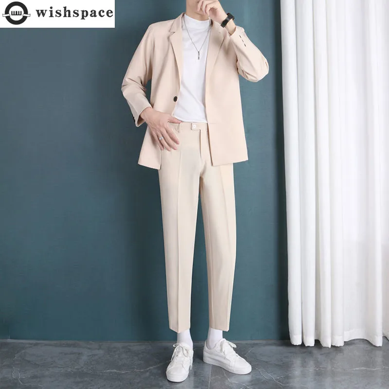 

2022 Summer Casual Men's Suit Simple Jacket T-shirt Trousers Three Piece Set Office Blazer Elegant Dress Men's Suits Tracksuit