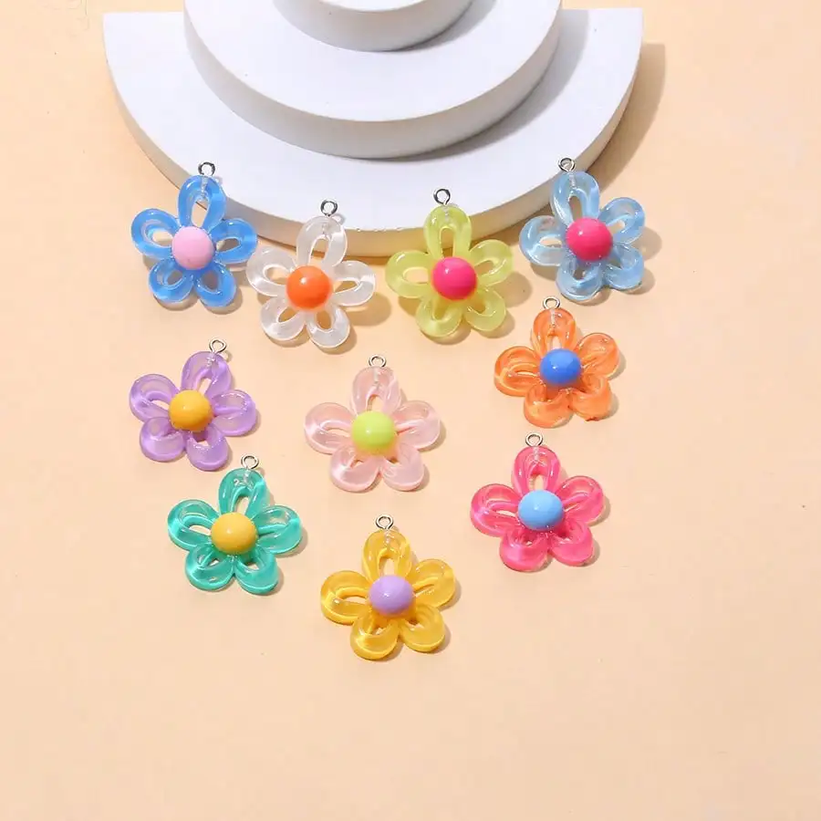 9Pcs Hollow 5‑Petal Flower Resin Charms Pendants Set Multi‑Styles DIY Jewelry Making Accessories for Necklaces Earrings Keychais