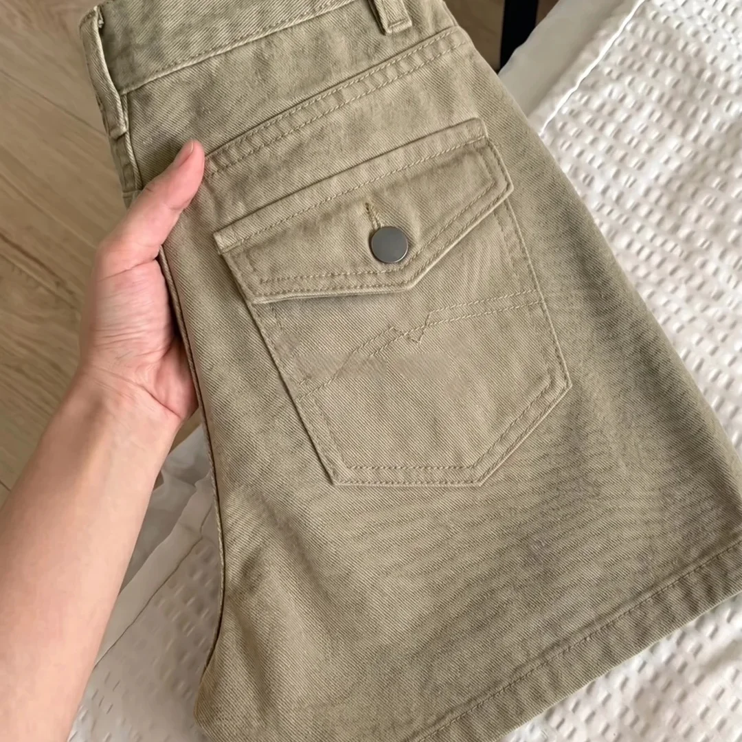Trendy Khaki Women Shorts High Rise Straight Loose Denim Shorts Summer Casual Streetwear Hot Pants