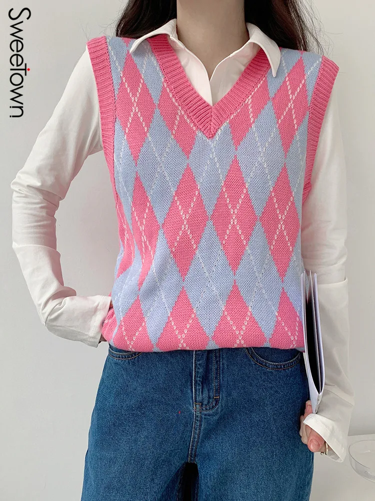 Sweetown Sleeveless Knit Argyle Plaid Jumpers For Women 2022 Preppy Style Pink Sweet Sweater Vest V Neck Kawaii Korean Clothes