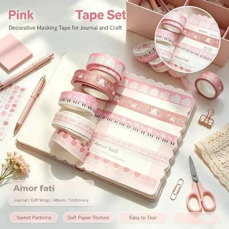 Kawaii Sparkling Pink Rose Piano Landscaping Decorative Masking Tape Journal DIY Decorative Masking Tapes Stationery