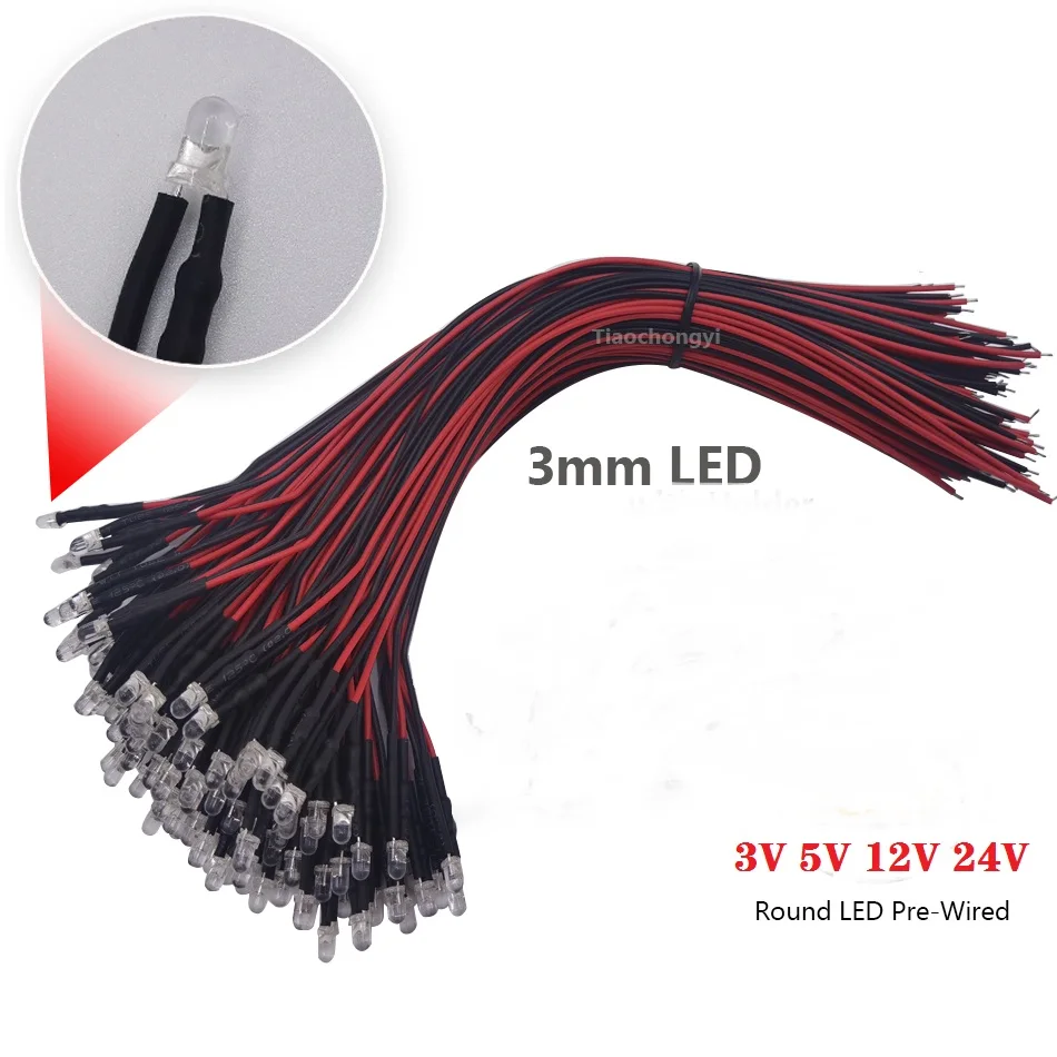 20-100 Pcs Transparante Led Diodes Dc 3V 5V 12V 24V 3Mm 5Mm 10Mm Voor Rood/Groen/Blauw/Geel/Uv/Oranje/Roze/Warm/Wit/Rgb voorkabel