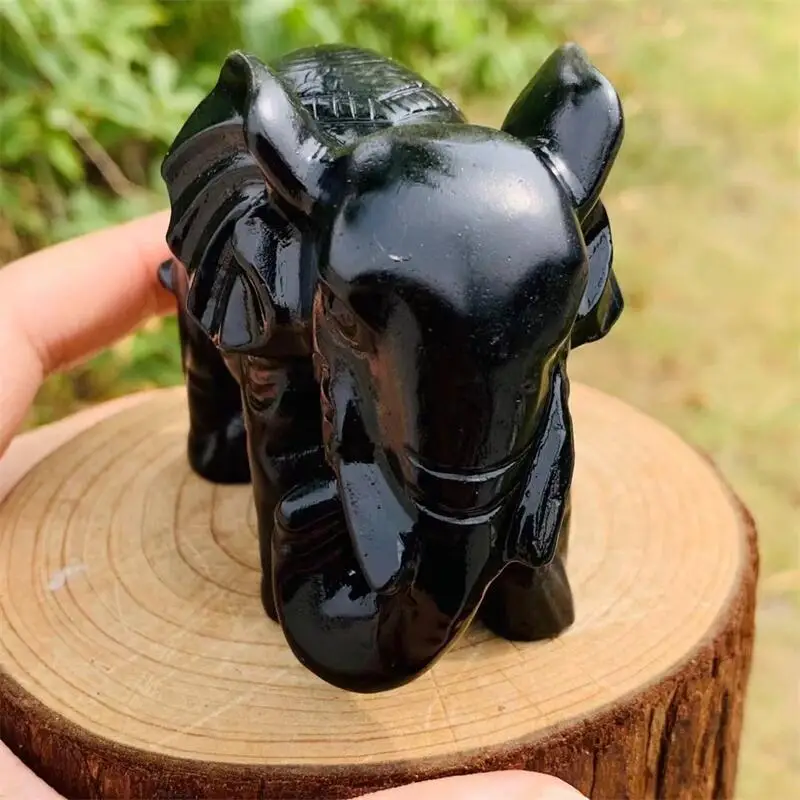 9CM Natural Black Obsidian Elephant Carving Carved Statue Animal Fashion Home Ornament Art Collectible Gift 1PCS