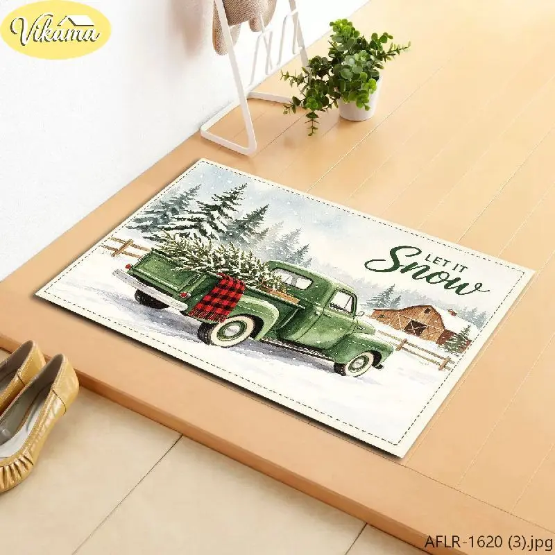 VIKAMA Retro Green Truck Christmas Rug Non-Slip Absorbent Indoor Outdoor Farmhouse Entry Mat, Holiday Decor New Year 2026 Gift
