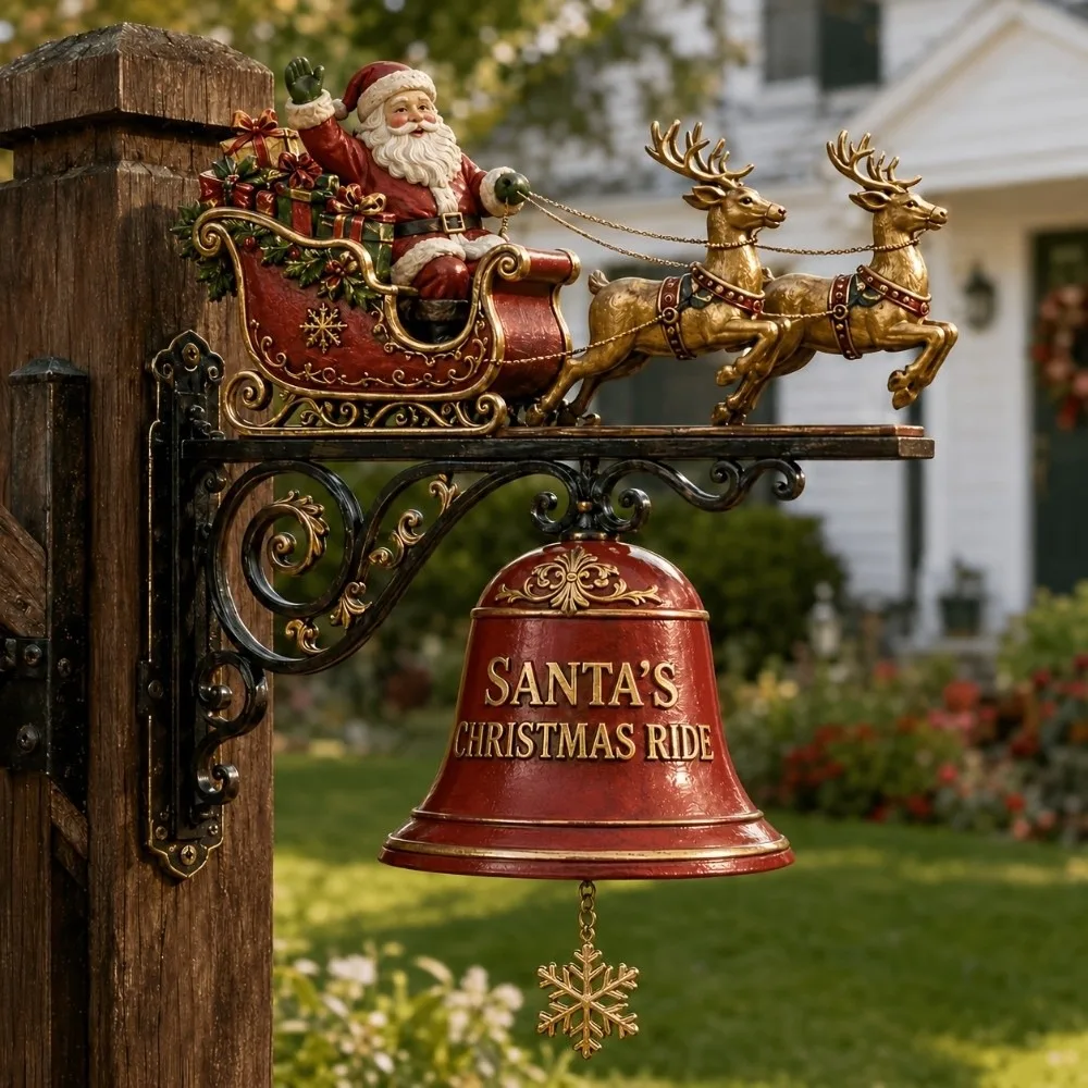 Santa Sleigh Christmas Door Bell Power-Free Reindeer Santa Claus Wall Bell Christmas Decoration Resin 3D Wall-mounted Bell