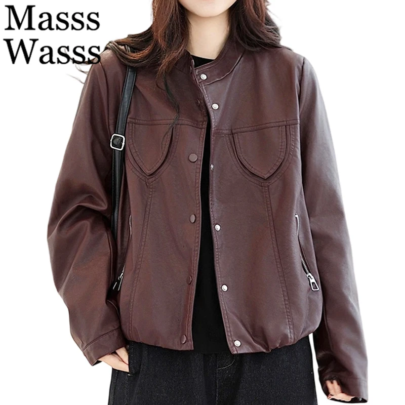 Masss Wasss 2026 Spring Fashion Pu Jackets Womens Vintage Biker Faux Leather Coats Ladies Classic Casual Loose Solid Outerwear