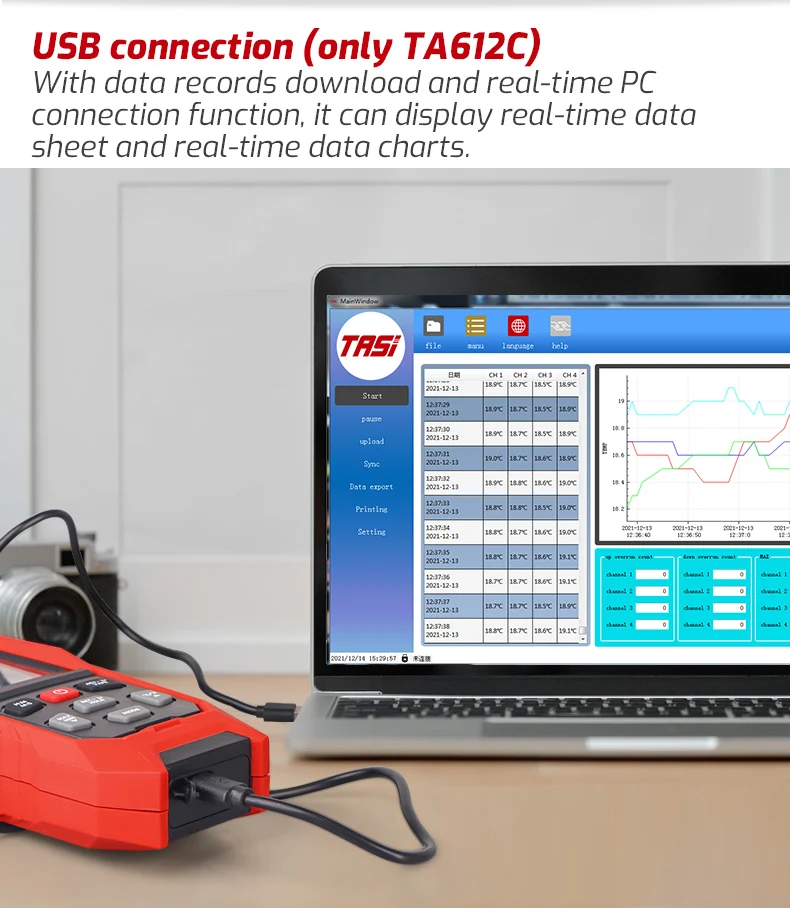 Thermometer K-Type Thermocouple 4-Channel, Color Dual Display USB Data Export HVAC Temperature Meter -328~2502°F