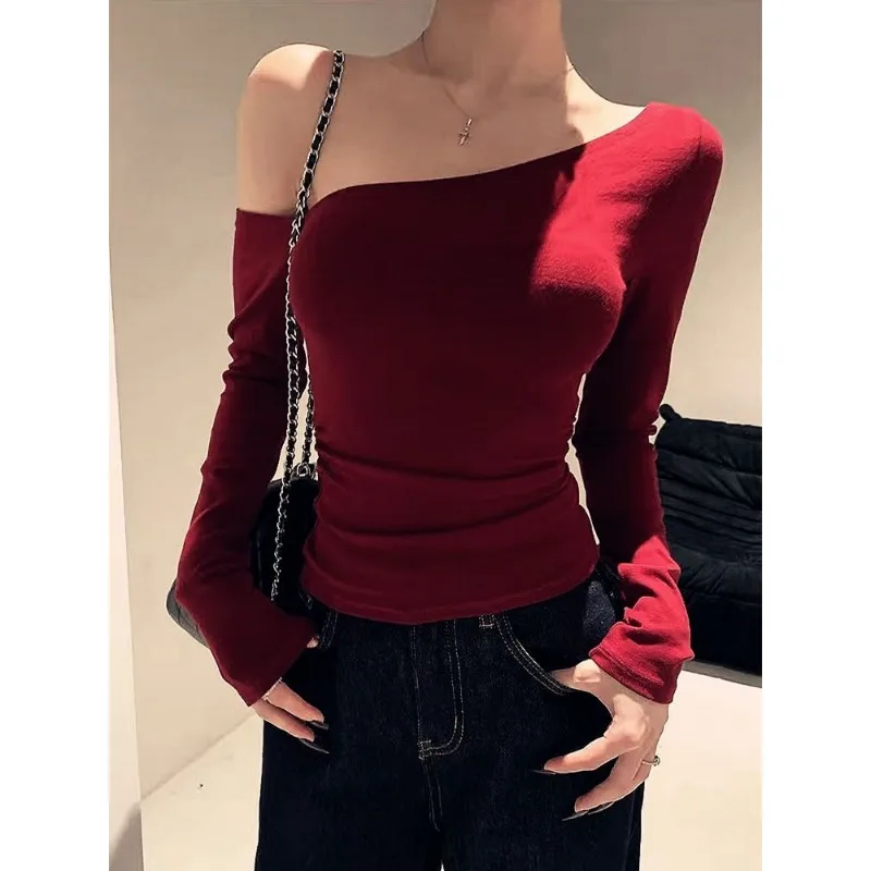 

Off-shoulder Off-shoulder One-neck Long-sleeved Women's T-shirt Tight Short Slim Fit Top