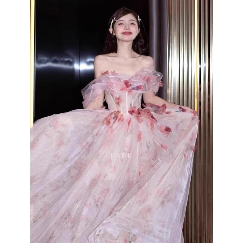 Long Floral Applique Wedding Dresses Women Fairy Pink Mesh Tulle Evening Ball Gown Off Shoulder Birthday Ceremony Prom Dress