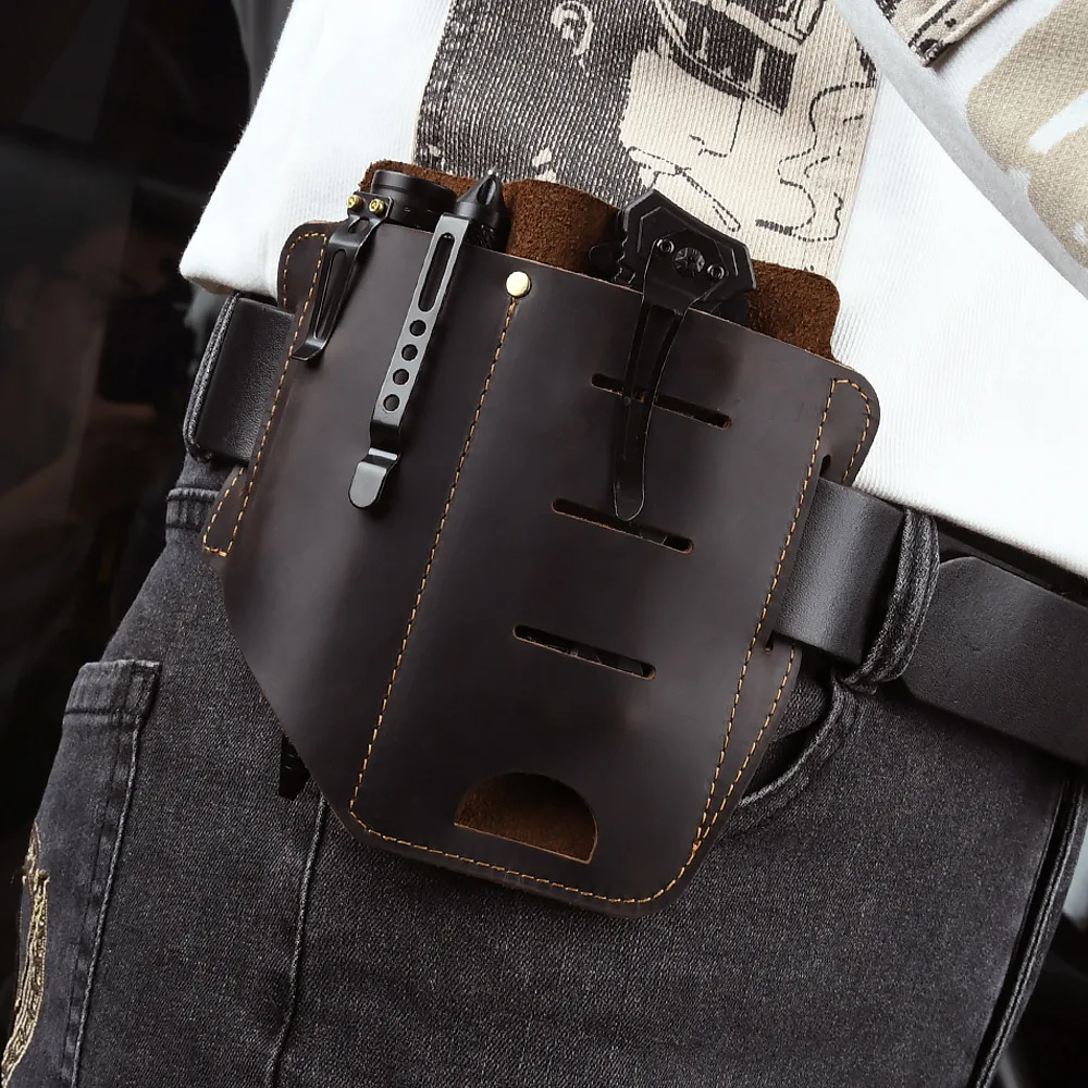 Genuine Leather Multitool Sheath EDC Belt Organizer Vintage Durable EDC Flashlight and Multitool Pouch for Work and Daily Use