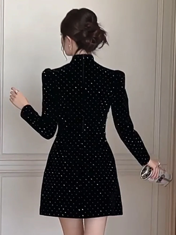 Women Clothes Chinese Style Black Stand Neck Slim Short Dress Elegant Luxury Lady Fashion Party Prom Vestido Formal Occasion New