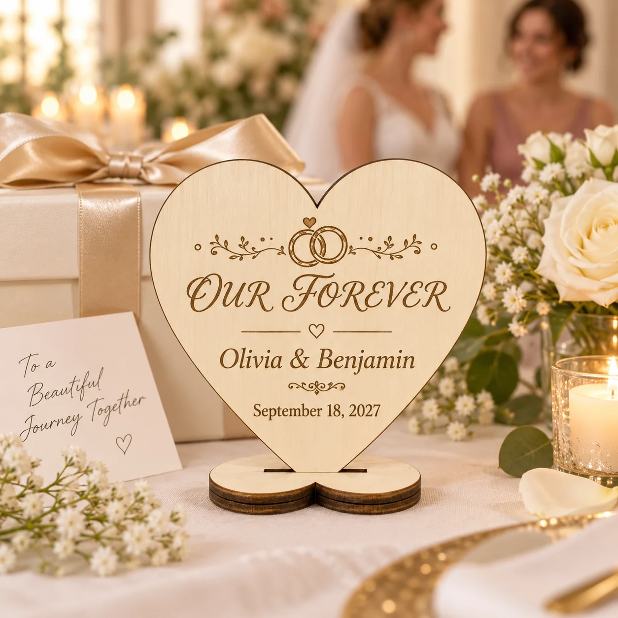 Personalized Wooden Wedding Table Sign Custom Heart Shape Name Table Sign with Stand for Reception Decor Anniversary Gift