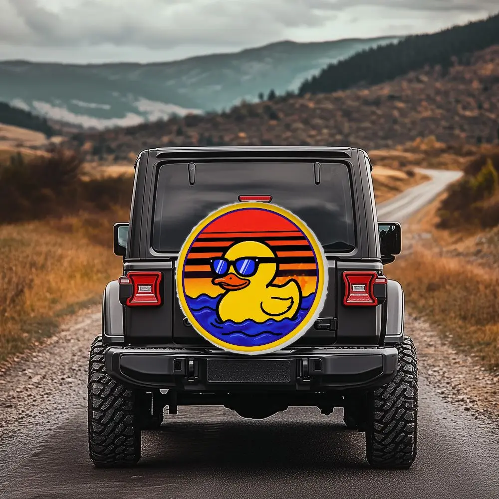 80s Sunset Yellow Border Rubber Duck Pattern Spare Tire Cover Universal for SUV Trailer Truck