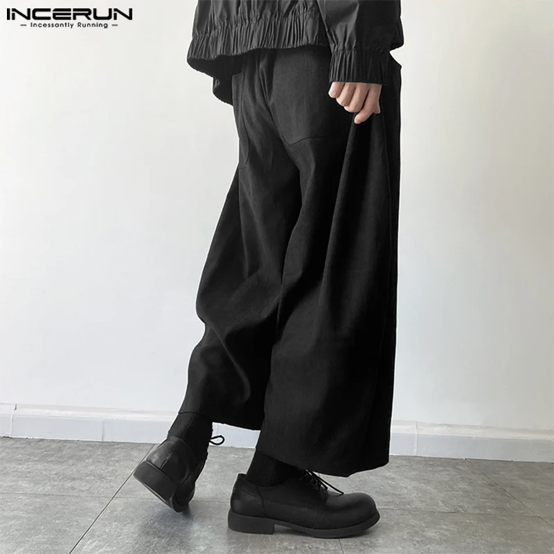 INCERUN Men Pants Solid Color Elastic Waist Loose Joggers Casual Wide Leg Trousers Men Streetwear 2024 Oversize Vintage Pants