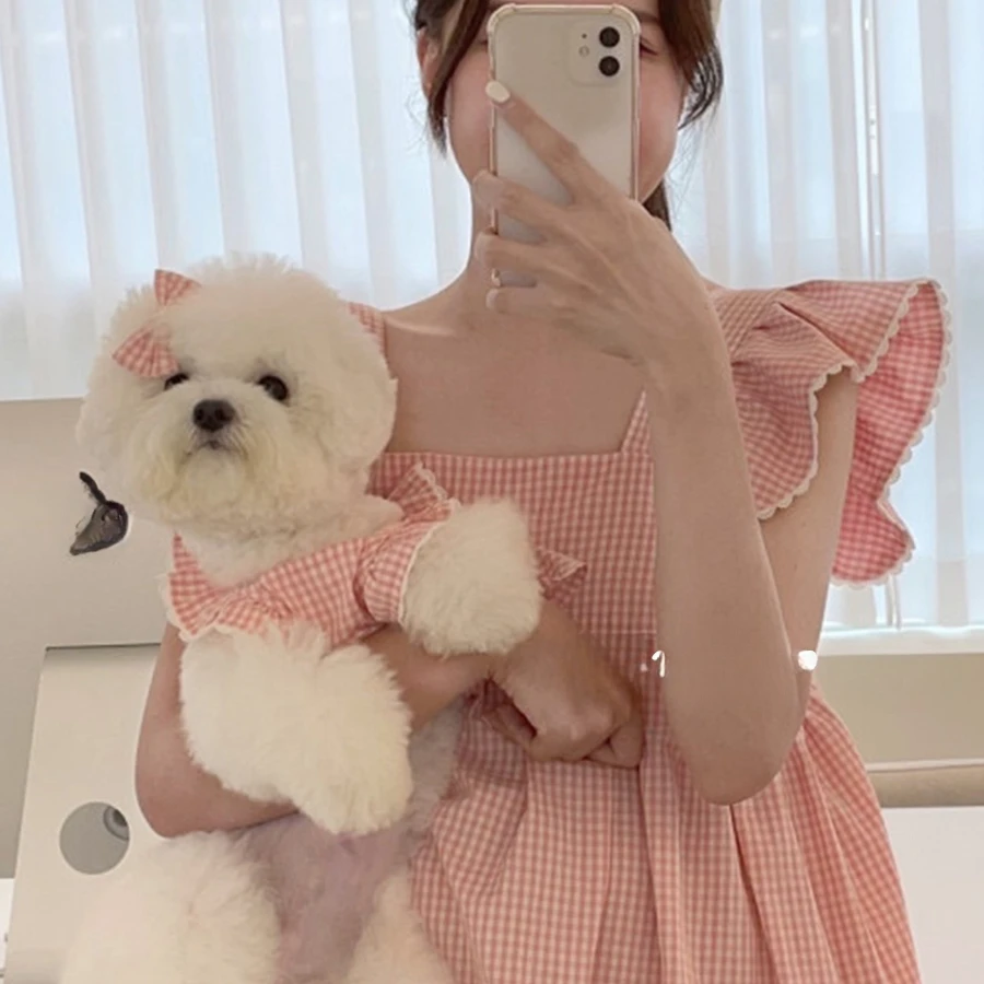 Dog Clothing Princess Pink Plaid Dress Pet  Teddy Pomeranian Bears Small  Cat Skirt