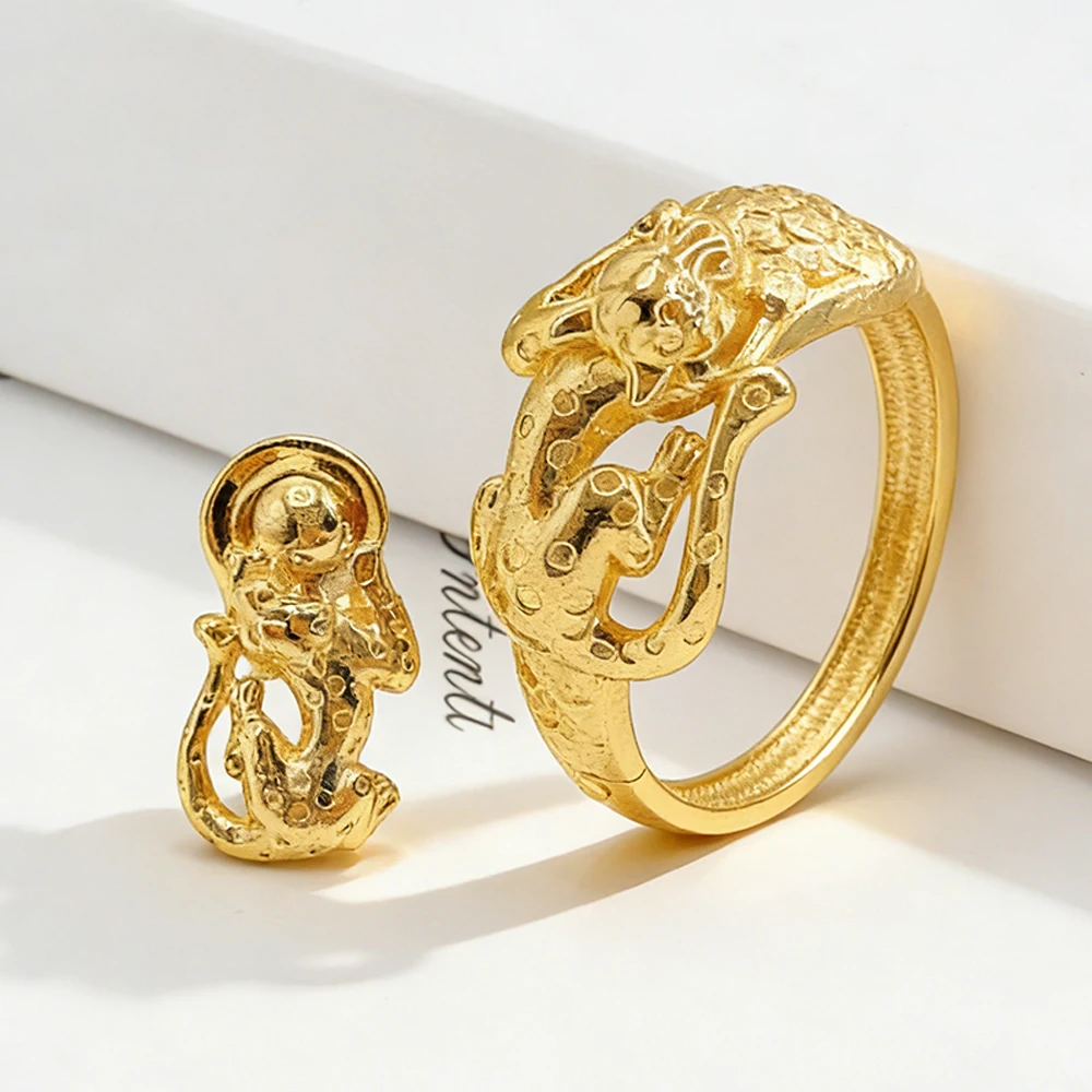 

Classic Bangle with Finger Ring Set Fashion Leopard Cuff Bangle Ring Set African Luxury Gold Color Jewelry Set Daily Party Gift