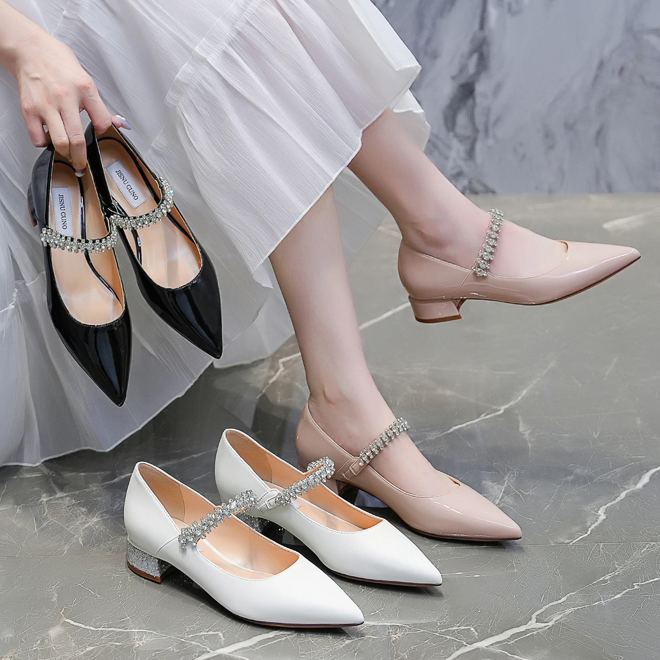 【Measure your feet length before order】 Elegant Crystals Luxury Designer Women Block Heels Pumps Evening Dress Shoes 132-CHC-33