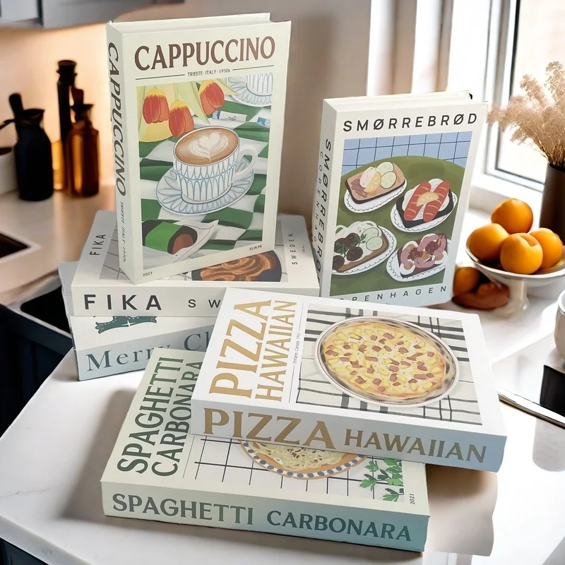 Kitchen Interior Decoration Snacks Pizza Luxury Fake Book Storage Box Travel Decorative Books Coffee Table Bedroom Home Decor