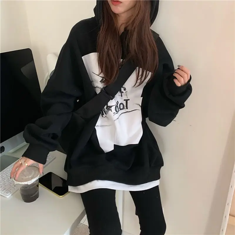 Harajuku Fake Two Pieces Loose Hoodies Sweatshirts Spring Autumn New Long Sleeve Contrast Tops Tees Trend Casual Women Clothing