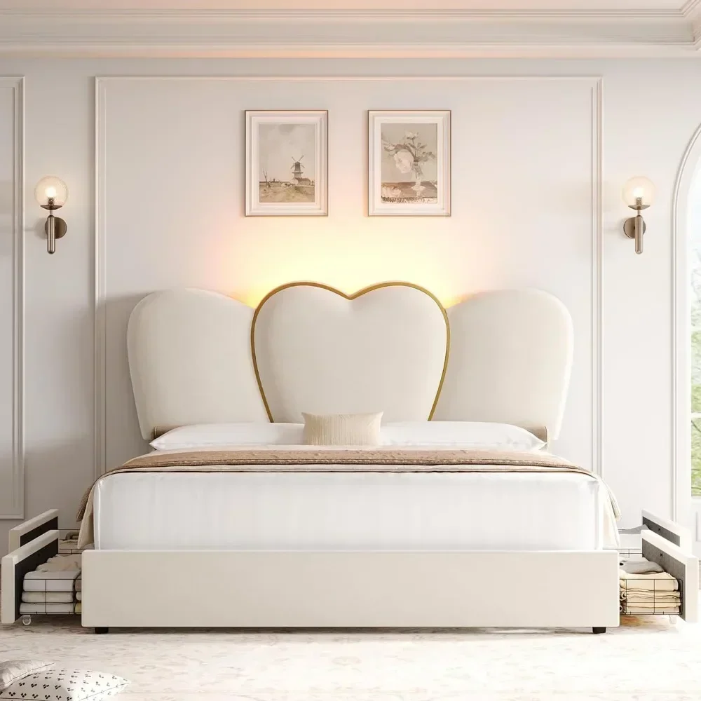 

LED King size Bed Frame with 4 Storage Drawers, Modern Velvet Upholstered Platform Bed with 55" Tall Heart Shaped Headboard