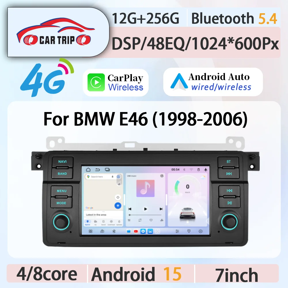 Reproductor Multimedia para Auto con CarPlay y Android Auto de 7'', 2DIN, 4G, BT5.4, GPS, DSP, IPS para BMW E46 M3 1998-2006, Compatible con 318, 320, 325, 330, 33