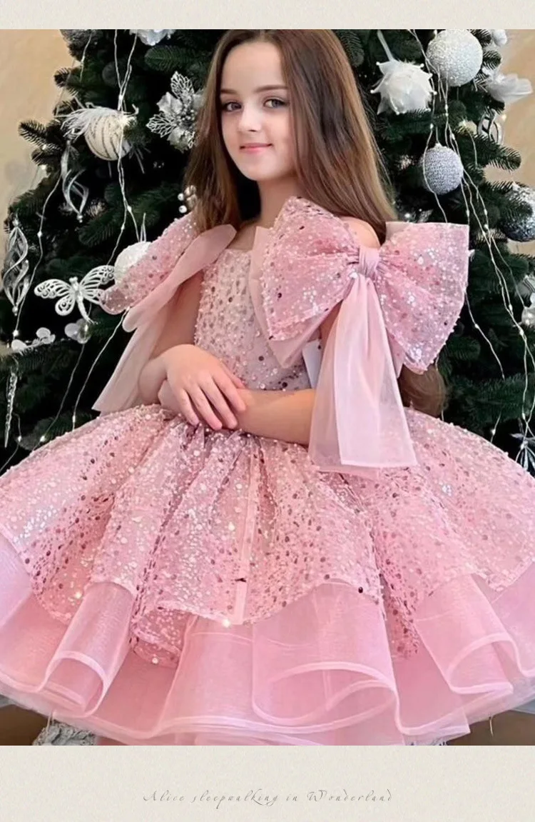 Pink Glitter Girl Dresses Bow Cute Princess Dress Flower Girl Dress Girl Birthday Party Dress Baby Girl Kid Dress Child Gown