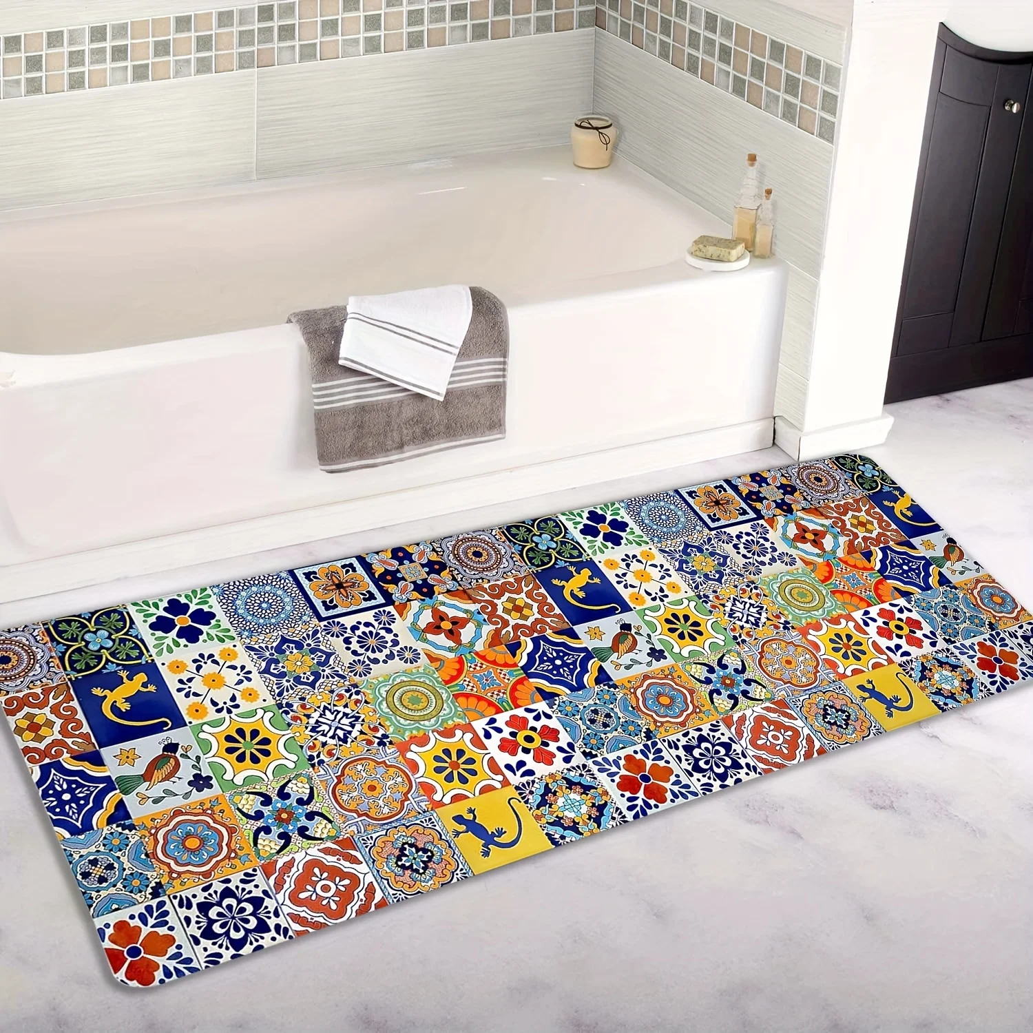 Bohemian Floral Tile Printed Carpet Kitchen Runner Rug Colorful Farmhouse Bedroom Entrance Decoration Carpet