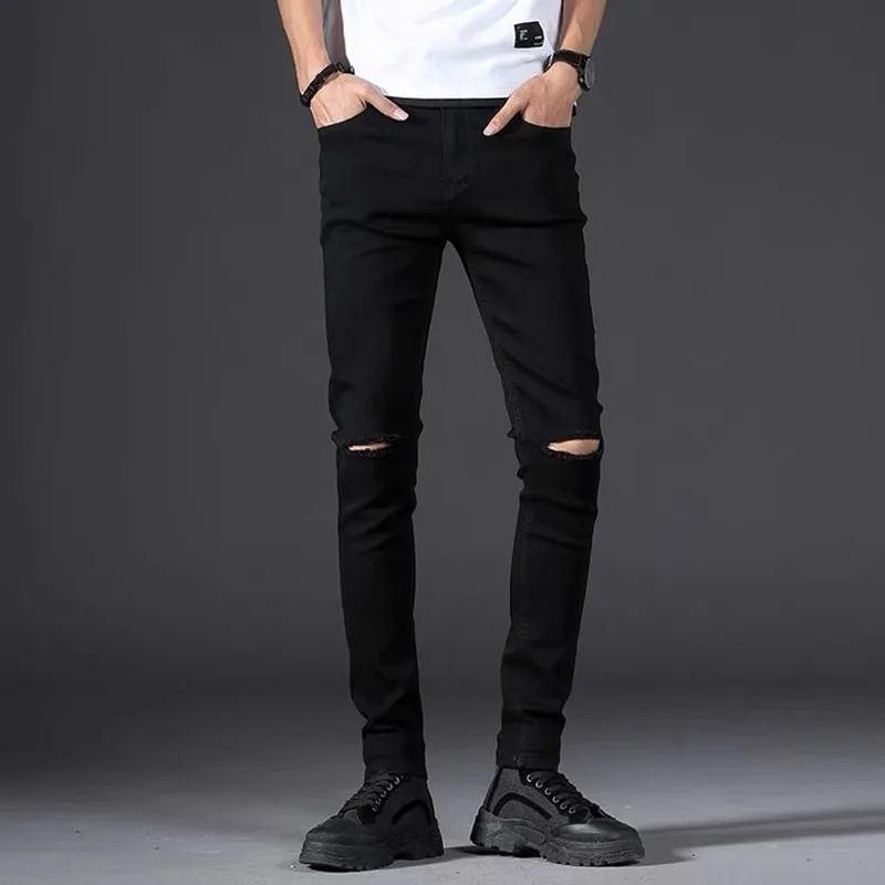 

New Streetwear Hole Slim Jeans Mens Black Elastic Little Feet Knee Ripped Denim Pants Hip Hop Slimming Fashion Skinny Trousers