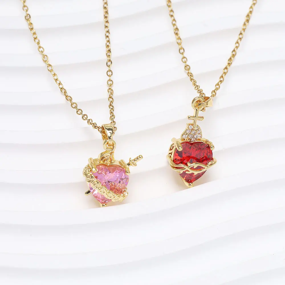 Colar elegante com pingente de coração vermelho – Colar criativo de coração sagrado – Colar retrô feminino de coração de pêssego