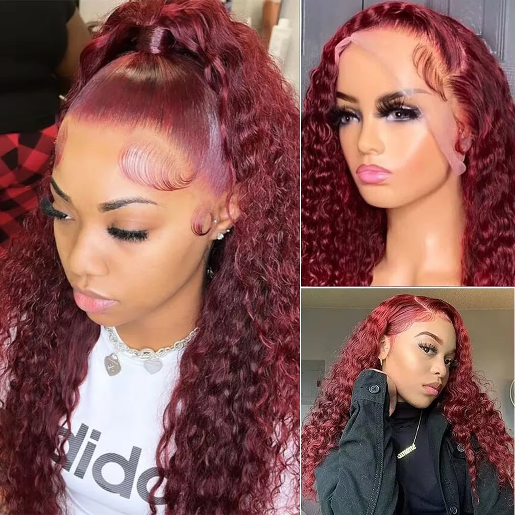 Brazilian 99J Burgundy Deep Wave Lace Front Wigs Human Hair 250 Density Curly Wig Wet and Wavy Lace Closure Beauty Wigs On Clearance Sales Pre Plucked Frontal Human Hair Wigs 32 Inch For Black Woman Cosplay Party Daily Use