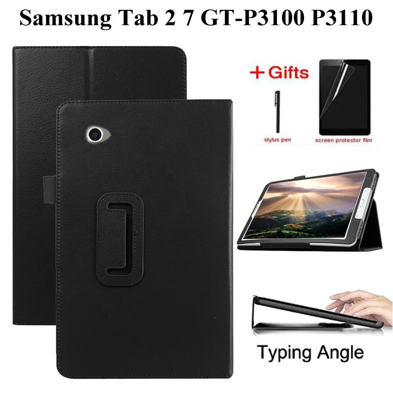 

Litchi Flip Folio PU Leather Tablet Case For Samsung GalaxyTab 2 7 GT P3100 P3110 P3113 GT-P3100 7.0 inch Stand Case +Film+Pen