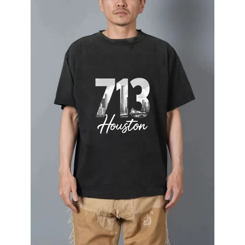 

Men's Washed T-Shirt Black 713 Houston Printed Pattern & Text High Quality 100% Cotton 230g
