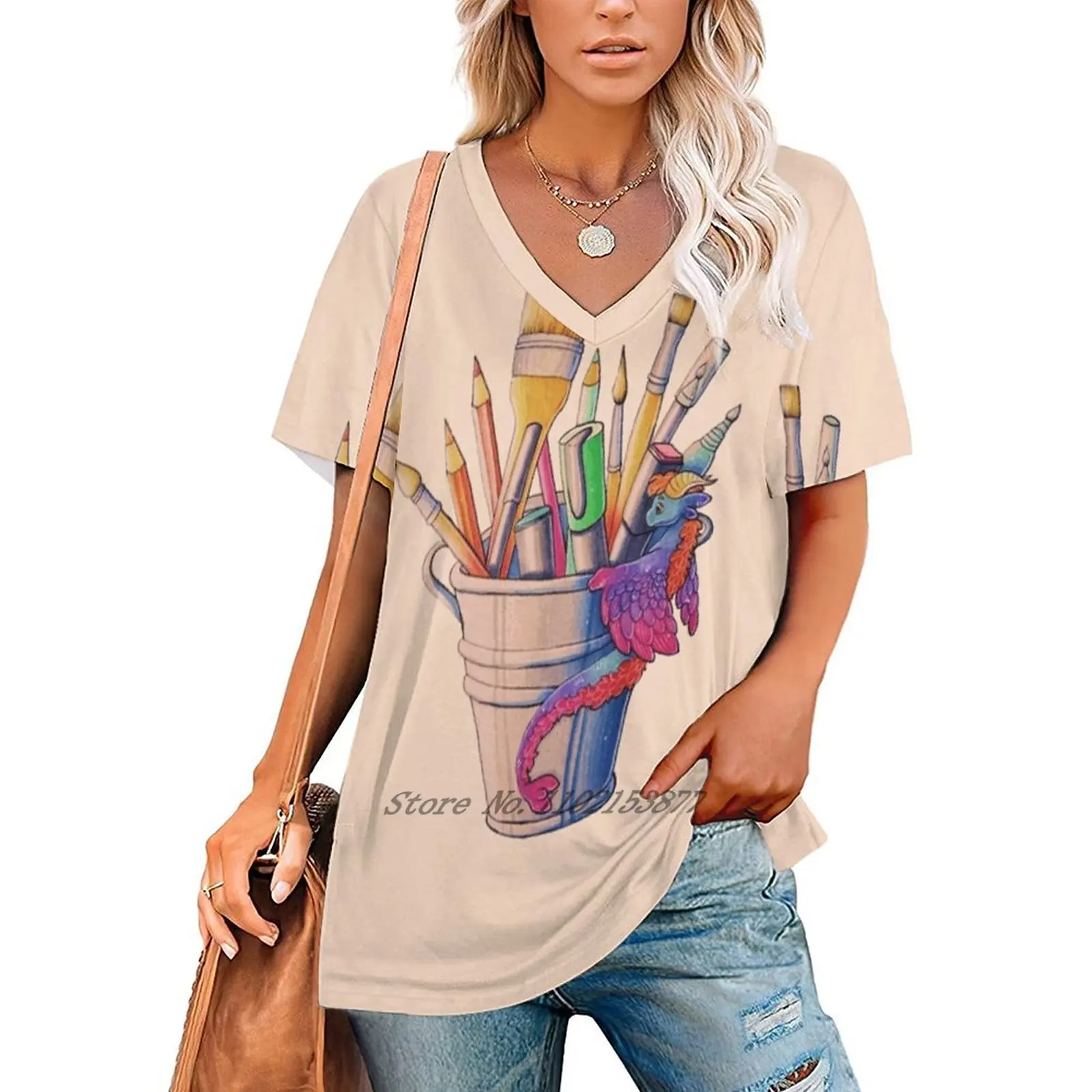 Art Supplies Dragon Women Print T-Shirt Summer Casual Tops Streetwear T Shirt Boho Ladies Top Dragon Brush Pen Pencil Artsupply