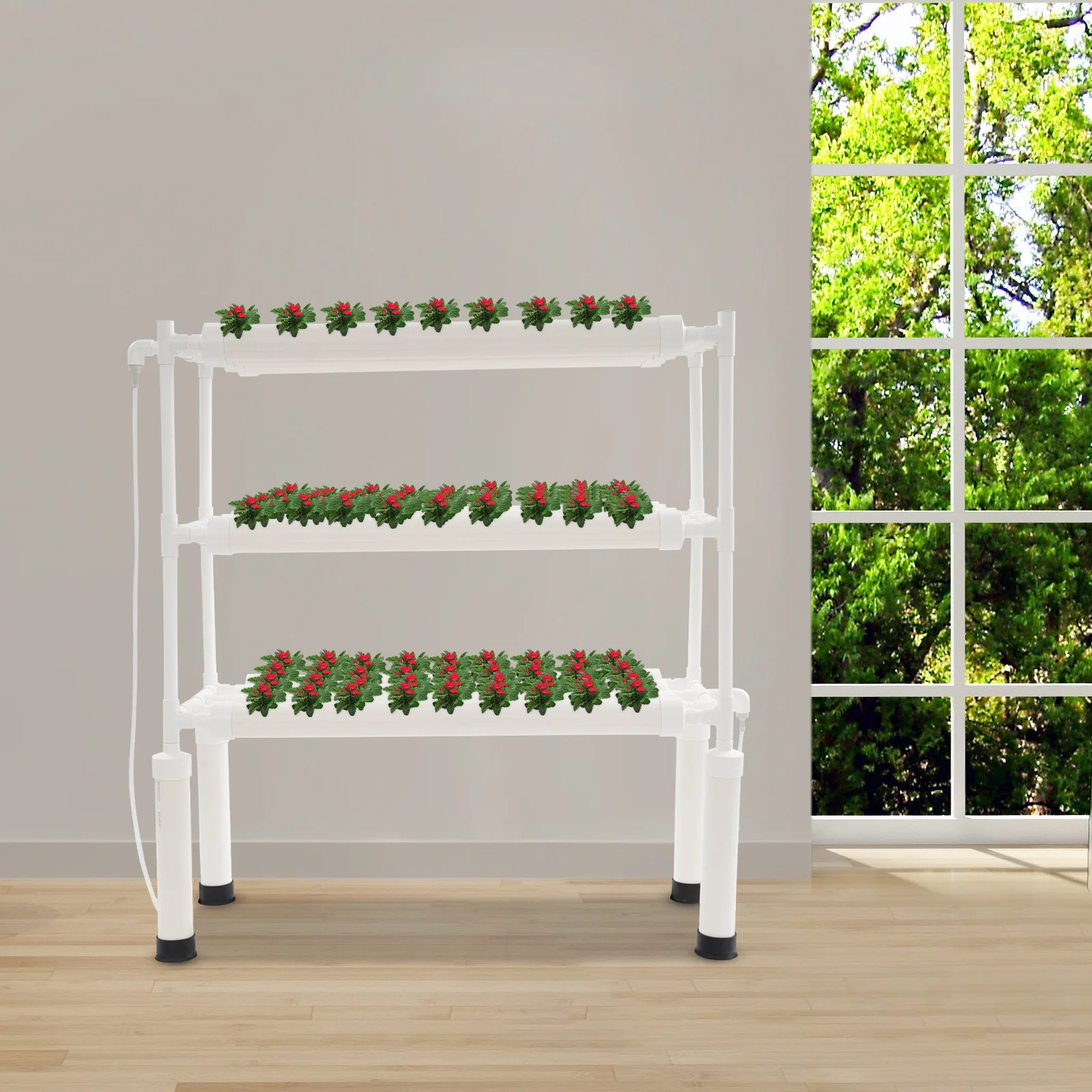 

3 Tiers 108-Hole Soilless Cultivation Racks, Food-Grade PVC Material Vertical Hydroponic Grow Kit with Thick Supporting Legs