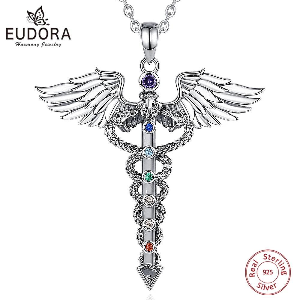 

Eudora 925 Sterling Silver Caduceus Necklace for Men Double Snake Wing 7 chakras Pendant Medical Symbol Jewelry Personality Gift