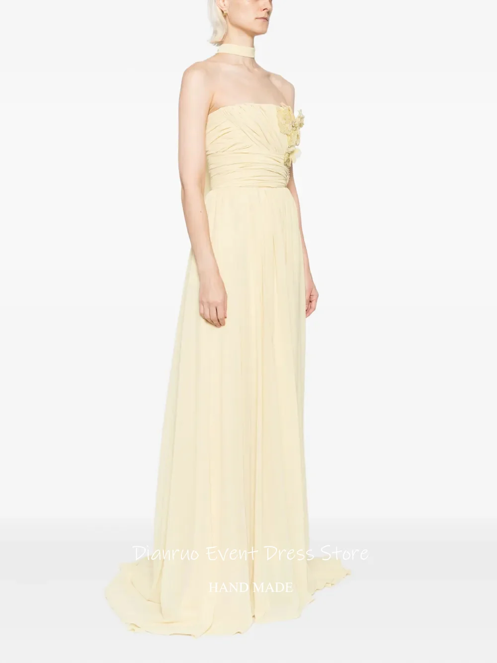 Dianruo رشيقة ثلاثية الأبعاد الزهور فستان سهرة بدون حمالات ألف خط فساتين الشيفون للنساء أشرطة Ruched فساتين حفلات 2025 مخصص