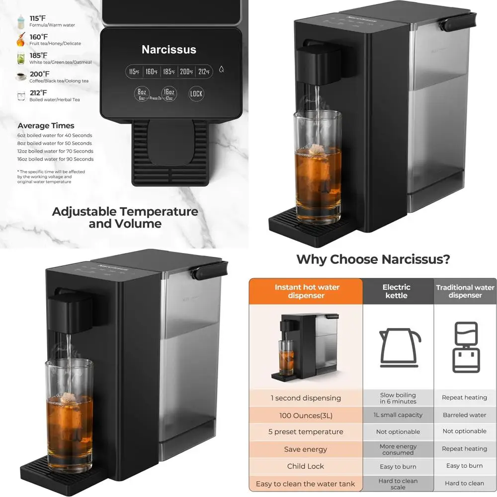 

Countertop Instant Hot Water Dispenser: Rapid Heating, 5 Temp Settings, 4 Volume Options, 100oz Removable BPA-Free Tank