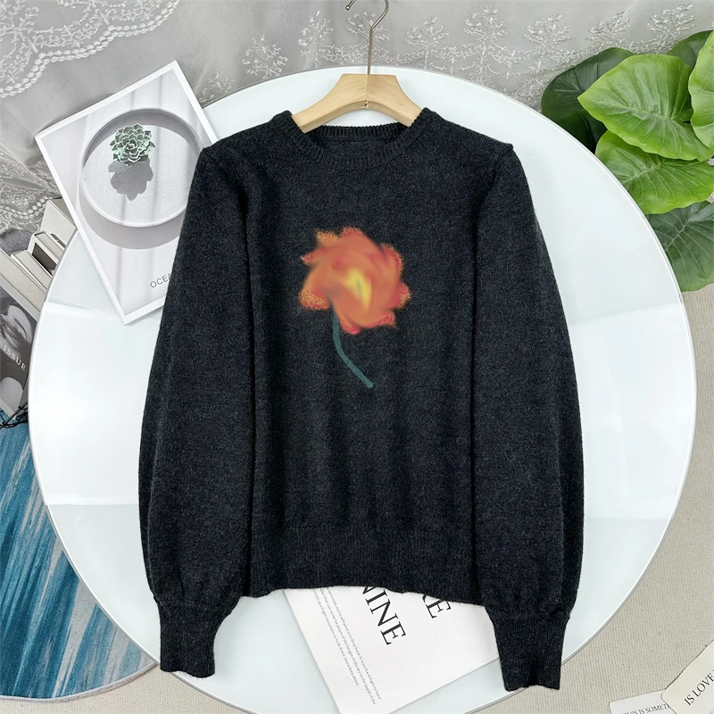 

Autumn 2025 Women's Knitted Sweater Wool Felt Embroidered Cowl Neck Long Sleeve Casual Loose Fit round Neck Plant Floral Pattern