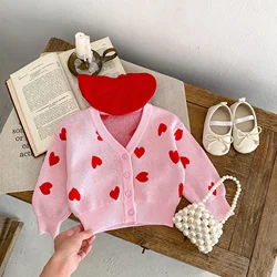 Autumn New 0-3-Year-Old Baby Girl Baby Clothing Pink Heart-Shaped Large V-Neck Knitted Jacket Cardigan Cute Sweater