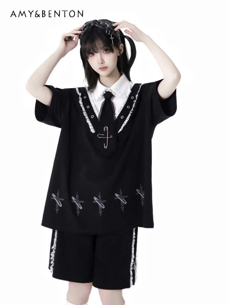

Sweet Cool Girl Splicing Color Black Short-sleeved T-shirt Lace Elastic Waist Shorts Y2K Two-piece Set Preppy Style Casual Suit