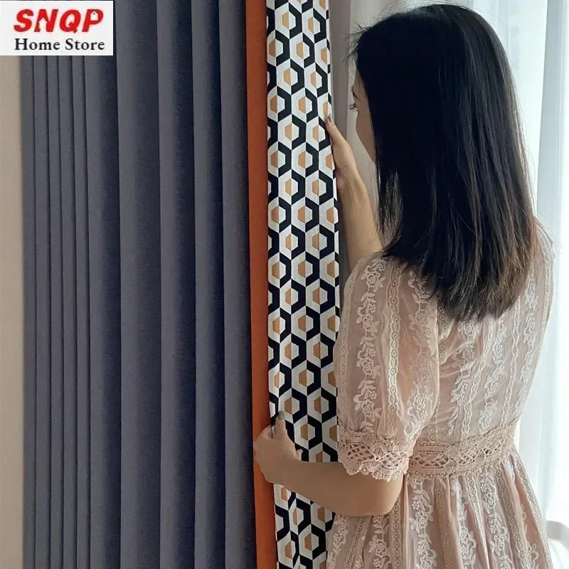 French Fashion Orange Splicing Precision Blackout Luxury Curtains for Living Room Bedroom Dining Simple Modern Custom Window