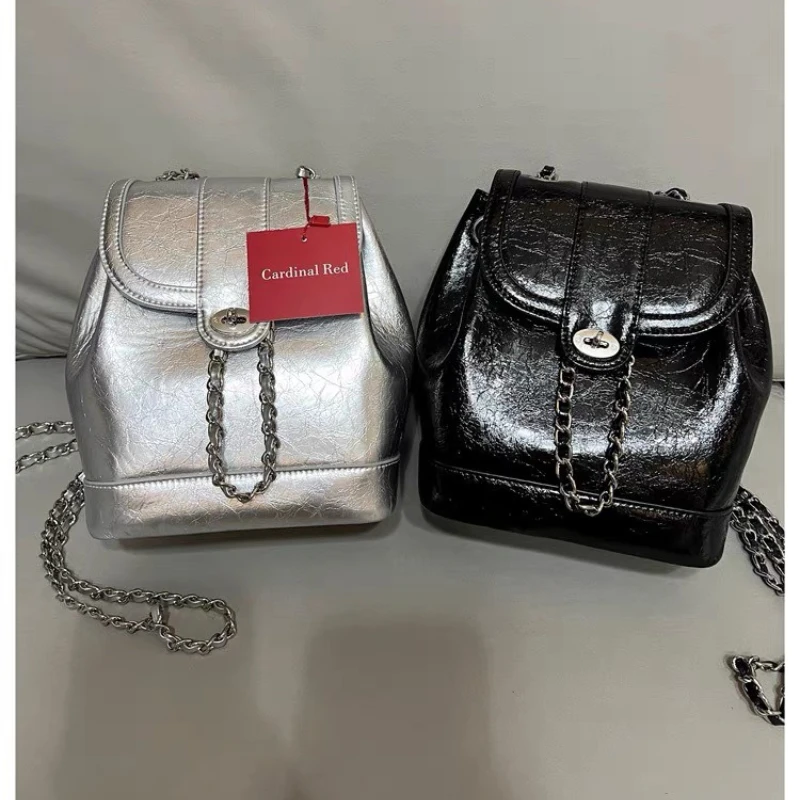 

Cardinal red Casual bag chain bag, cowhide retro single-shoulder crossbody bucket bag, backpack