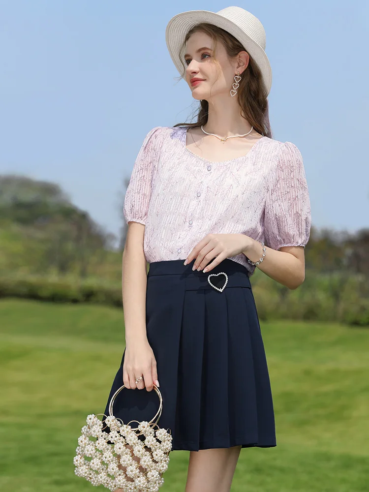 I BELIEVE YOU French Floral Chiffon Female Shirts & Blouses 2024 Summer New Square Collar Puff Sleeves Shirt Chic Top 2232205048