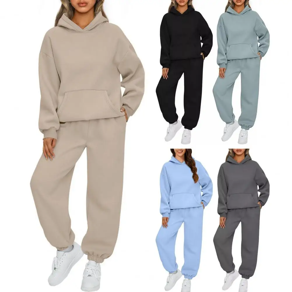 Women\'s Tracksuit Suit Winter Fashion Warm Hoodie Sweatshirts Two Pieces Oversized Solid Casual Hoody Pullovers Long Pant Sets