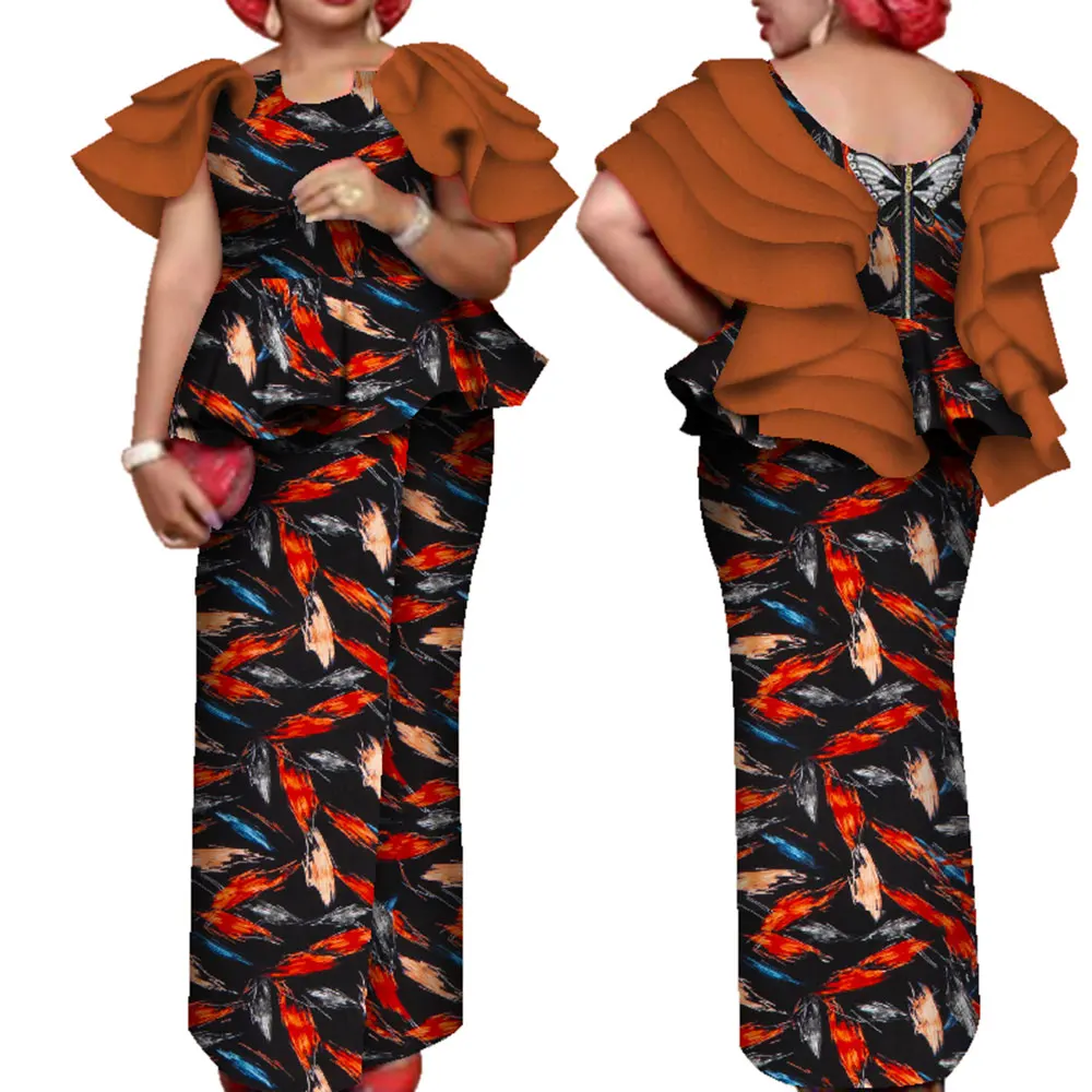 African Women\'s Clothing Floral Print Ruffle Sleeve Top Shirt and Long Skirt 2 Pieces Set Elegant Dashiki African Clothes Wy7643