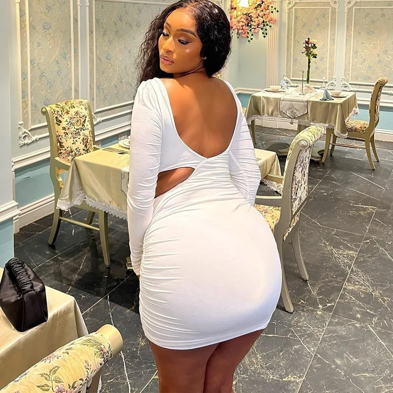 Élégant dame évider robe drapée 2025 automne femmes à manches longues dos nu moulante Sexy Club fête noir blanc Mini robes